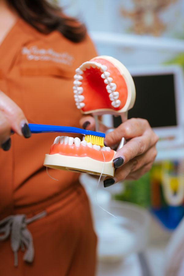 Profesional mostrando un modelo dental y un cepillo
